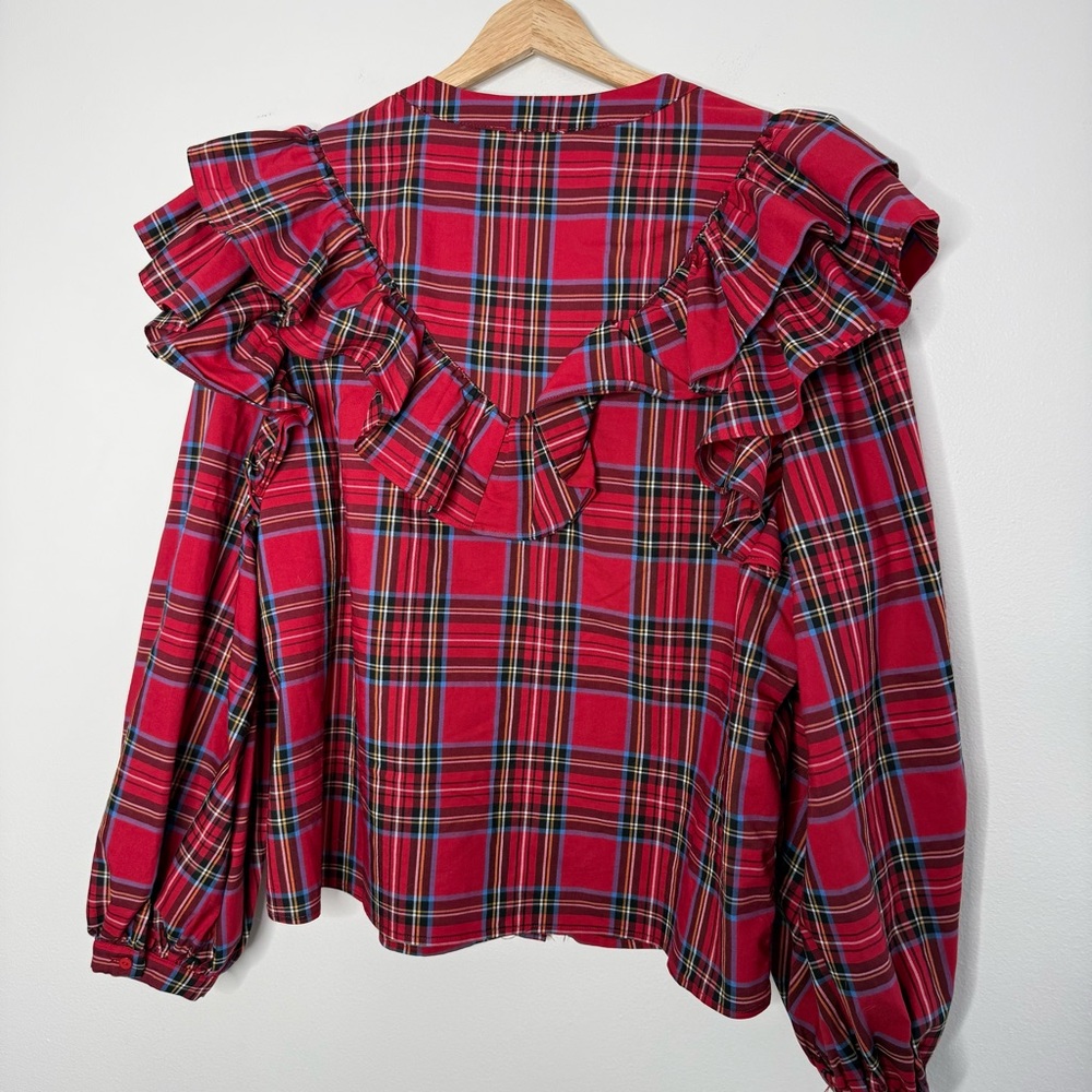 Aura Dramatic Ruffle Tartan Plaid Checkered Blouse in red size large - Picture 4 of 8